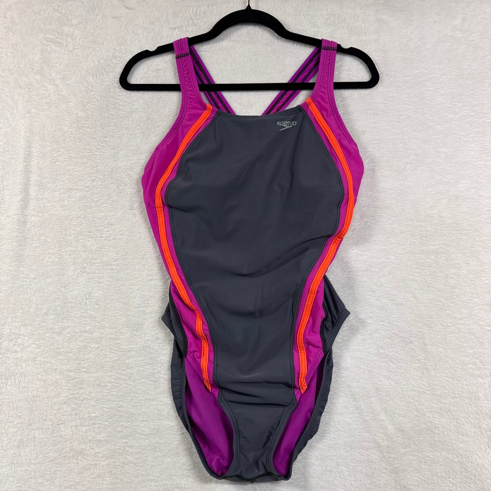 Speedo 12 PowerFlex Quantum Splice Eco One Piece Swimsuit Grey Pink Training - Picture 2 of 8